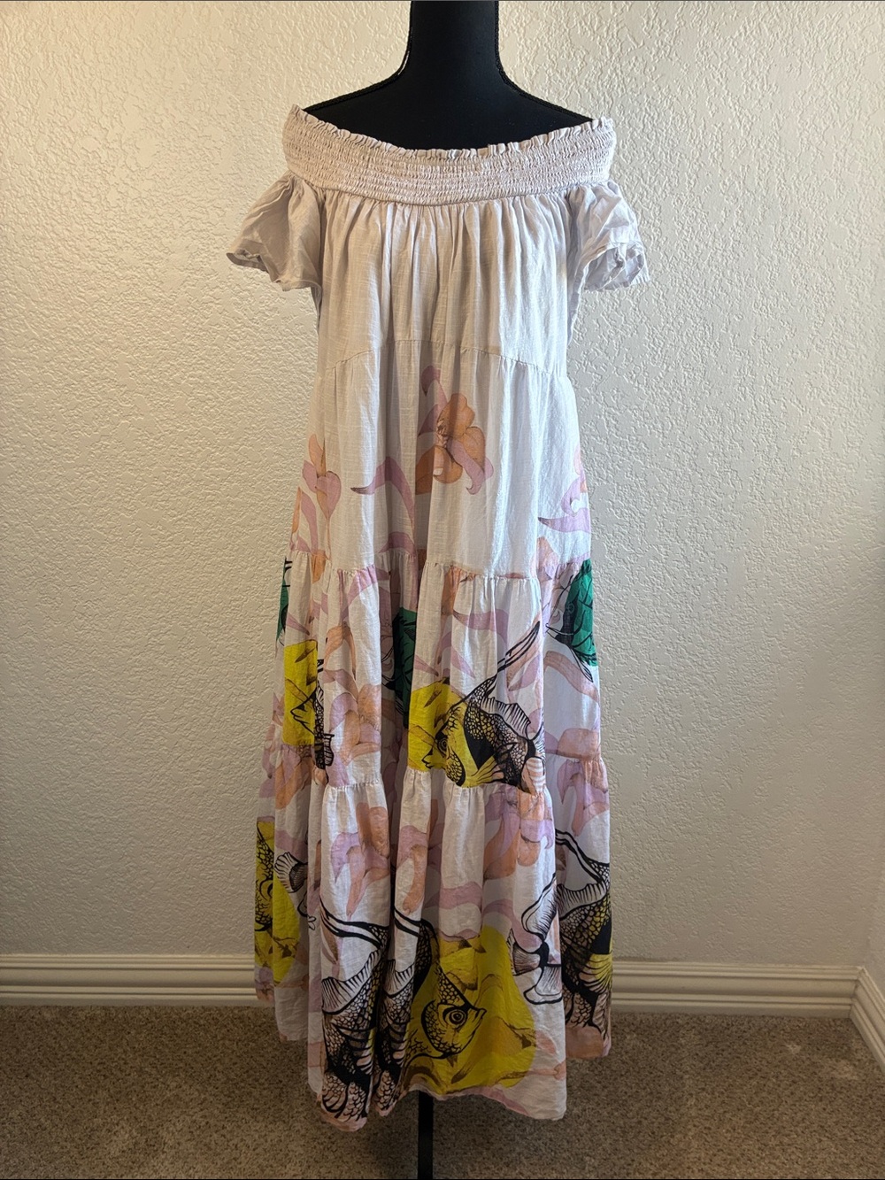 Maeve Pia Binazzi Maxi Dress Pink Vibrant Fish Print Off The Shoulder Tiered S - Picture 5 of 12